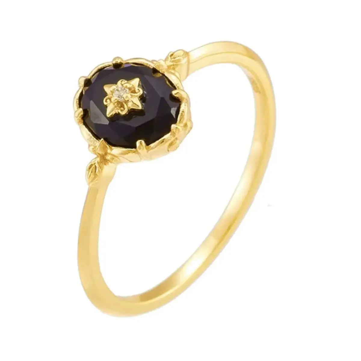 gold vermeil ring with faceted black agate stone