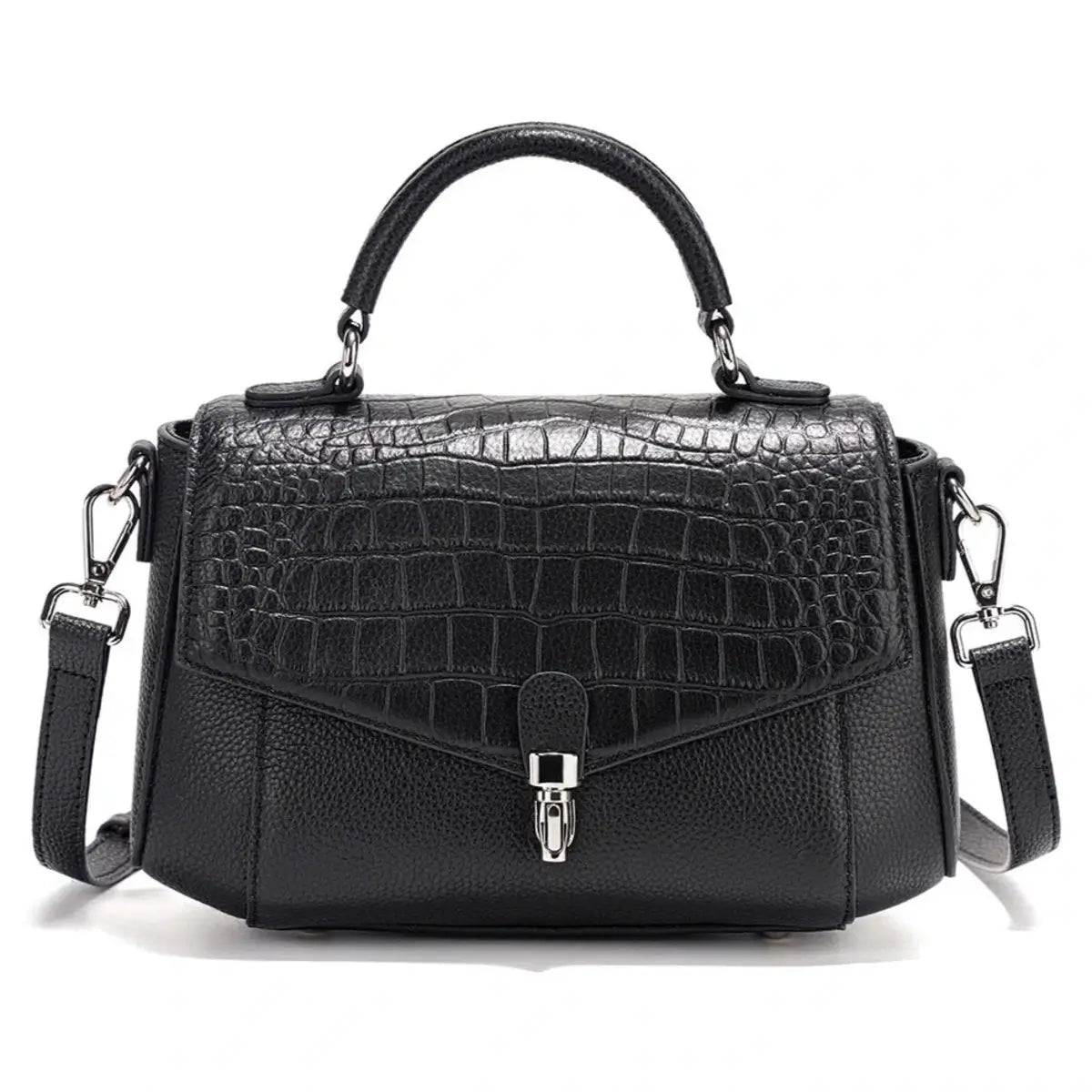 black genuine leather satchel bag worn from the front view