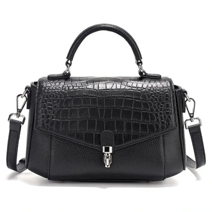 black genuine leather satchel bag worn from the front view