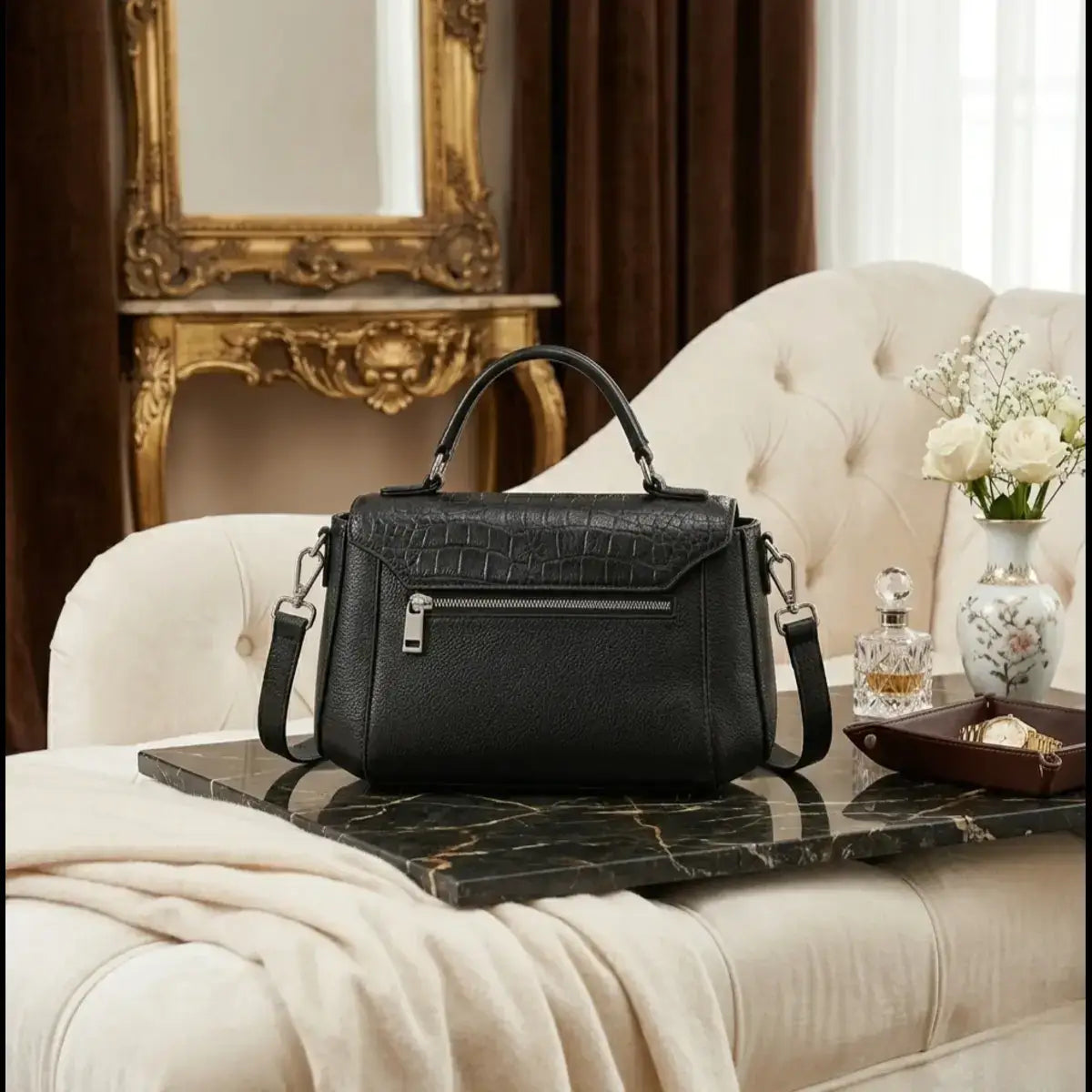 Back view of black leather satchel showing exterior compartiment.