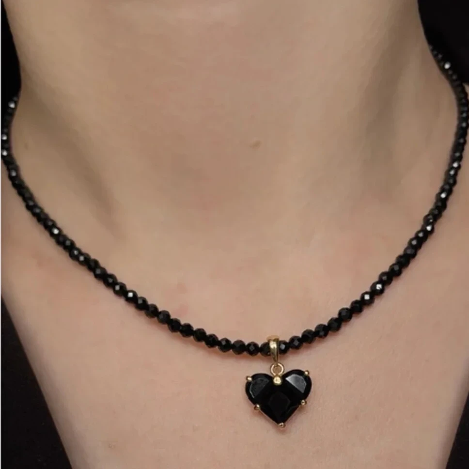 Black crystal heart pendant necklace with full beaded strand