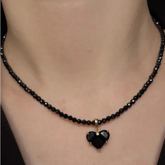 Black crystal heart pendant necklace with full beaded strand