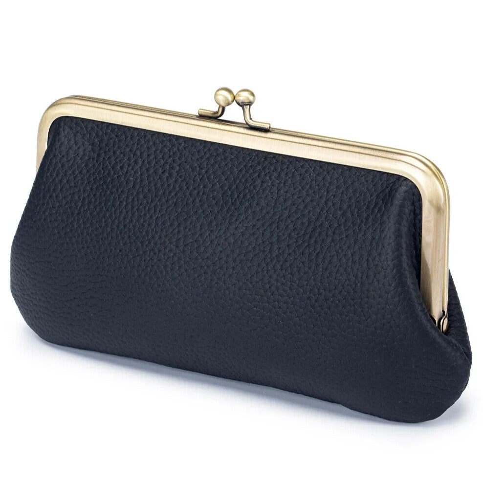 black leather wallet with multiple compartments inside