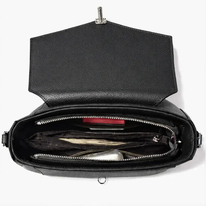 interior view of black genuine leather satchel with compartments