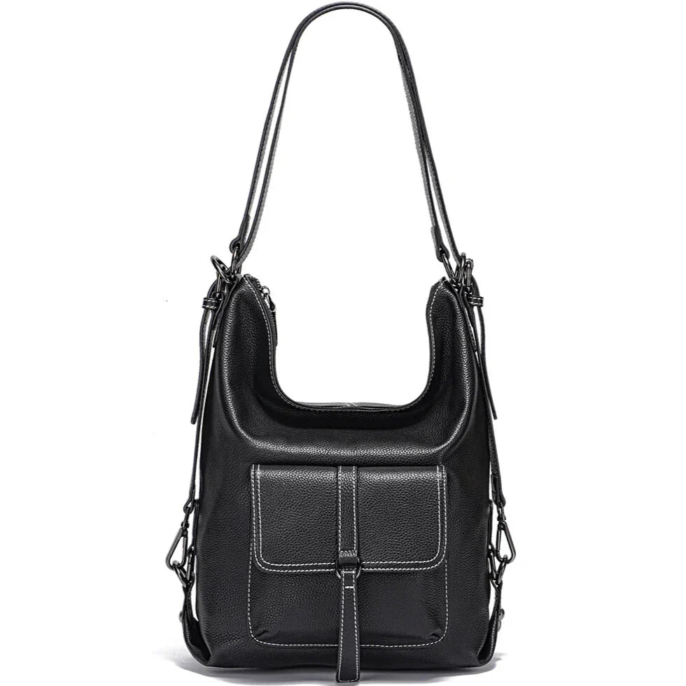 versaluxe black leather shoulder bag front view