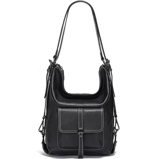 versaluxe black leather shoulder bag front view