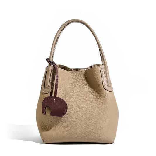 Elegant genuine leather bucket bag in minimalist design for women