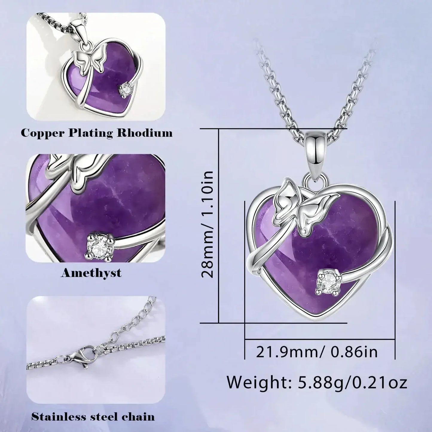 amethyst heart jewellery platinum rhodium finish detail