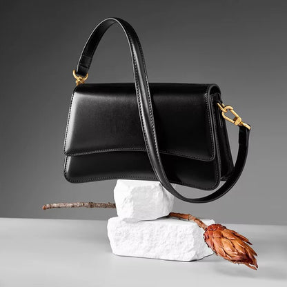 black leather baguette bag women