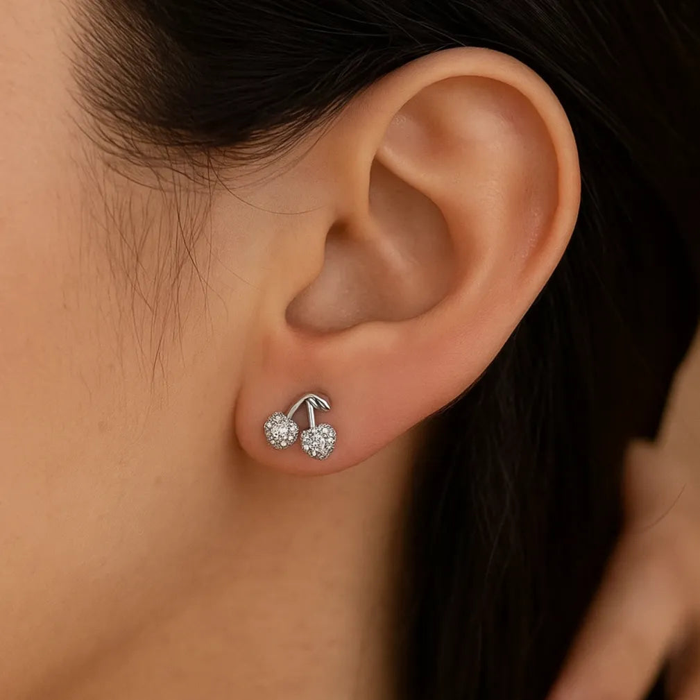 cherry zirconia studs on ear silver tone
