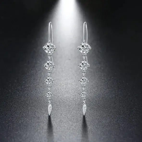 minimalist silver drop earrings sparkling crystals