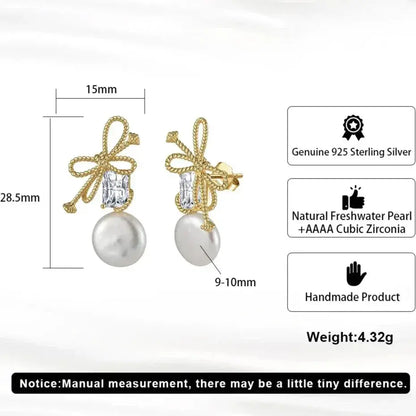 Elegant drop earrings for women — baroque pearls and bow detail