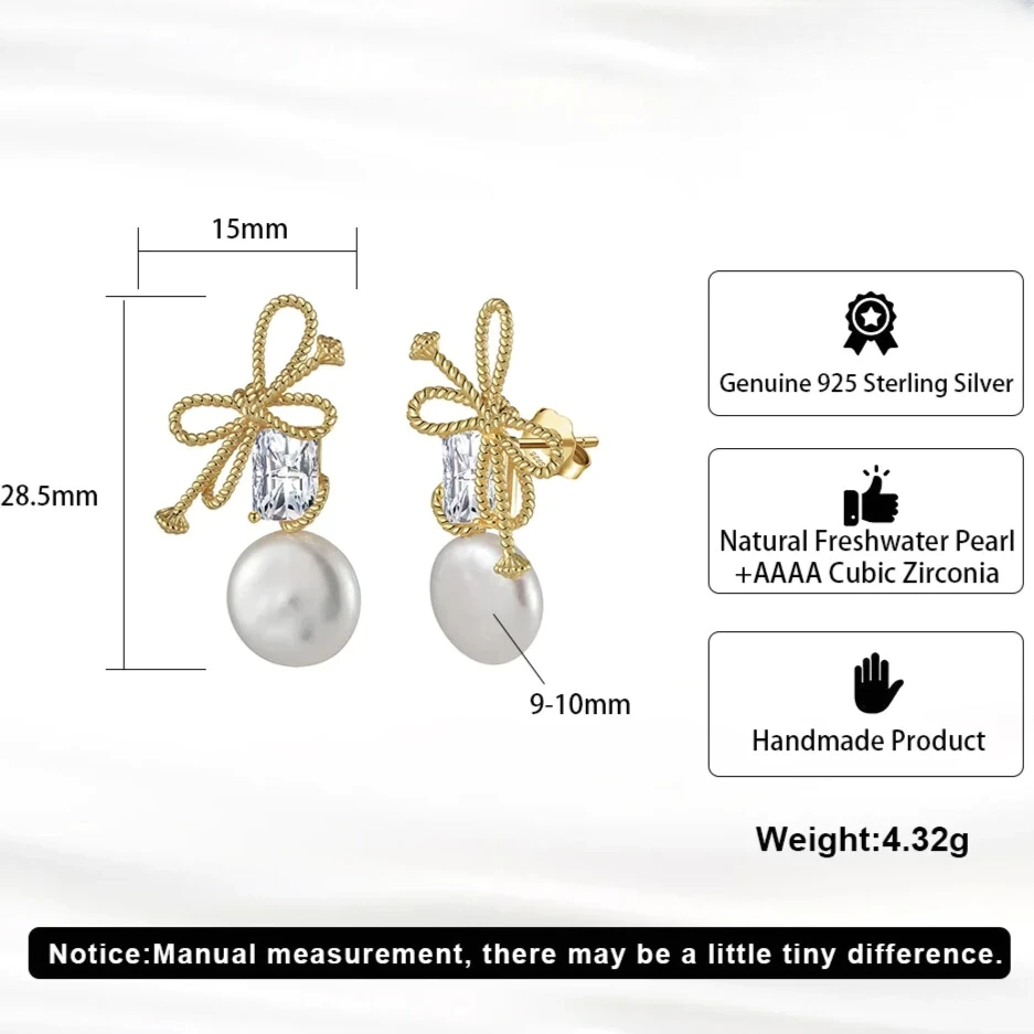 Elegant drop earrings for women — baroque pearls and bow detail