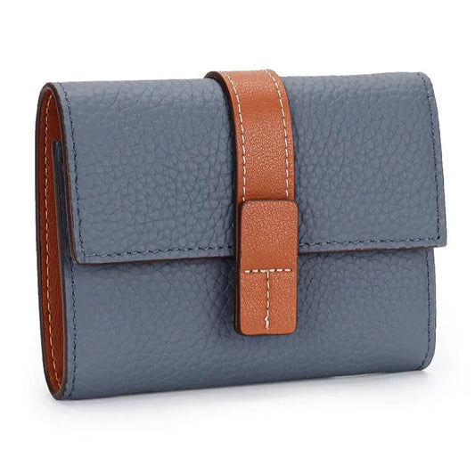 women’s blue genuine leather short wallet with geometric design
