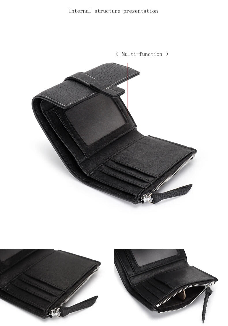black genuine leather card holder purse with secure zip coin pocket