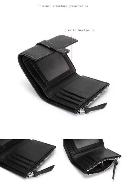 black genuine leather card holder purse with secure zip coin pocket