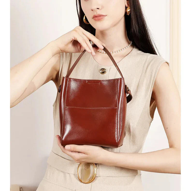 elegantia alira beige, brown and black colors vintage leather bucket bag with adjustable strap