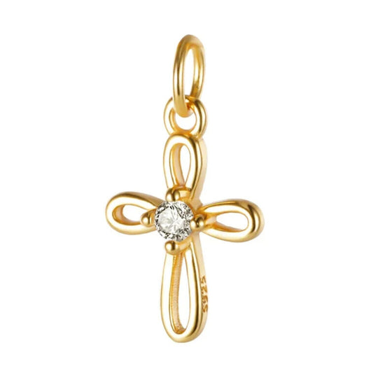 Fine silver gold pendant cross charm with cubic zirconia