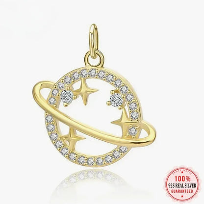 elegantia gold celestial pendant on model neck
