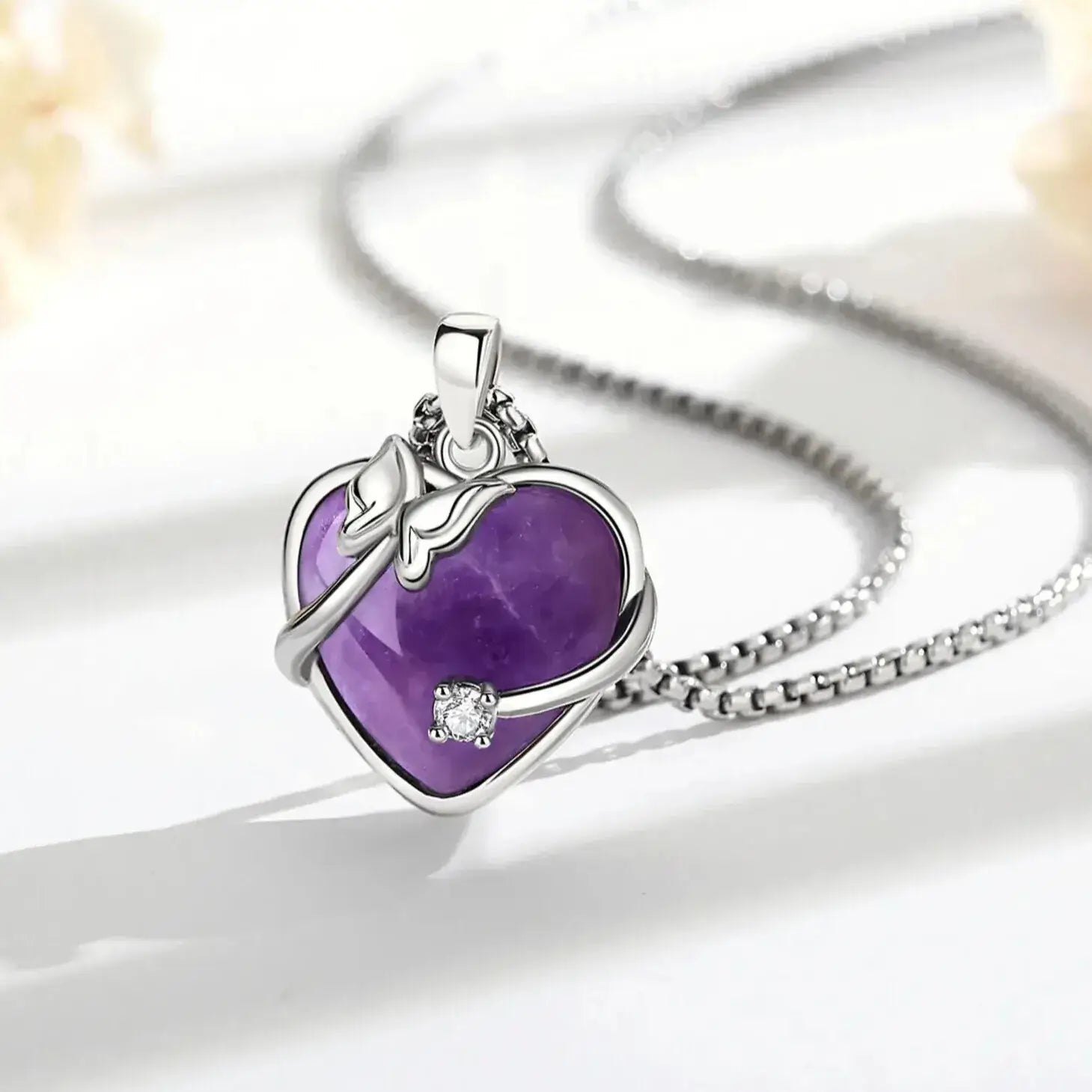 platinum rhodium chain with amethyst heart pendant 24 inch full view