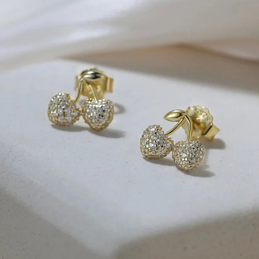 women’s cherry stud earrings silver and gold tone
