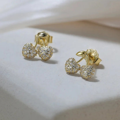 women’s cherry stud earrings silver and gold tone