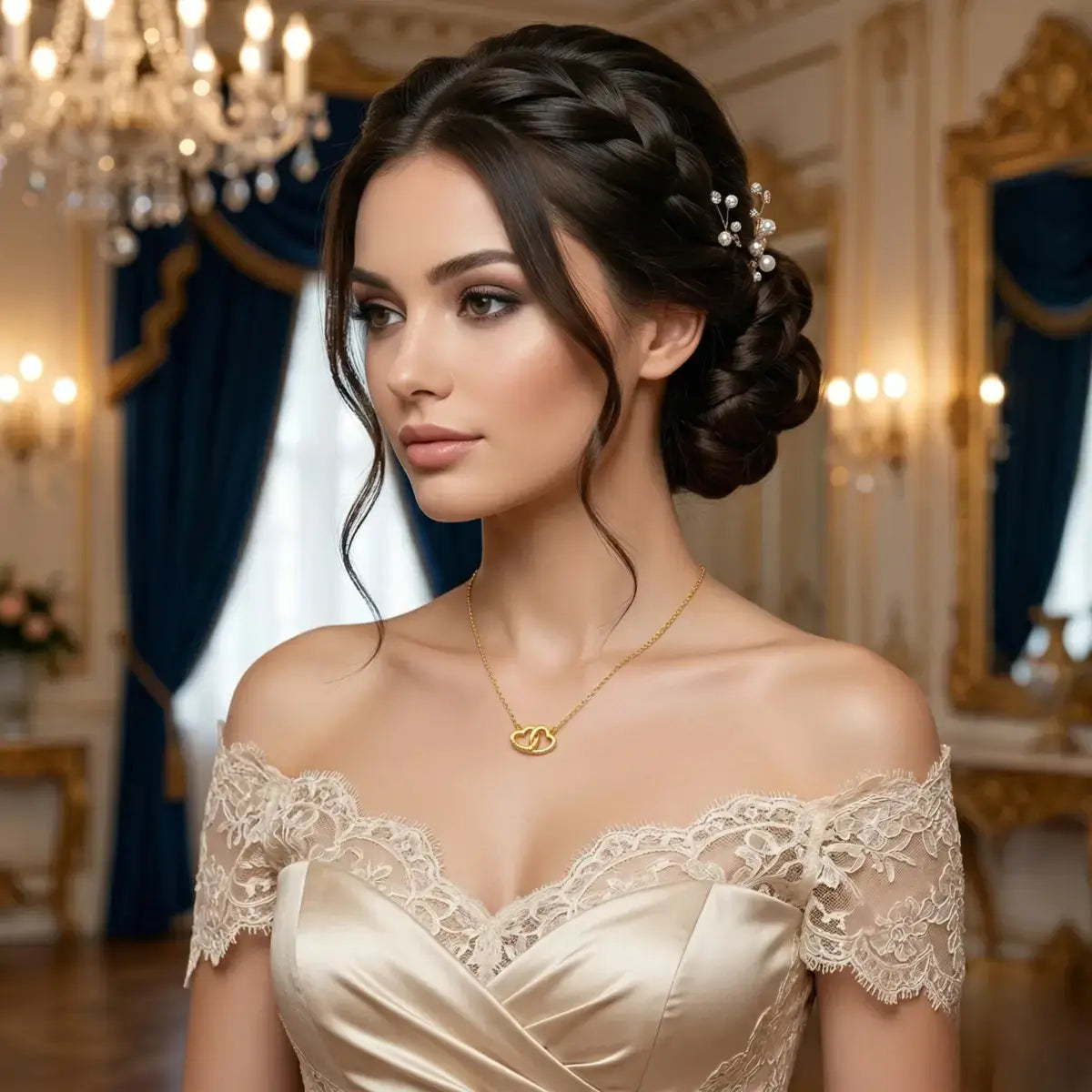 Elegant woman wearing a delicate 18ct gold necklace with two small interlocked hearts featuring side pavé moissanite stones.