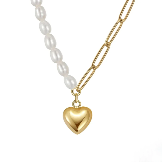 Elegant pearl heart pendant necklace on gold paperclip chain, 925 sterling silver