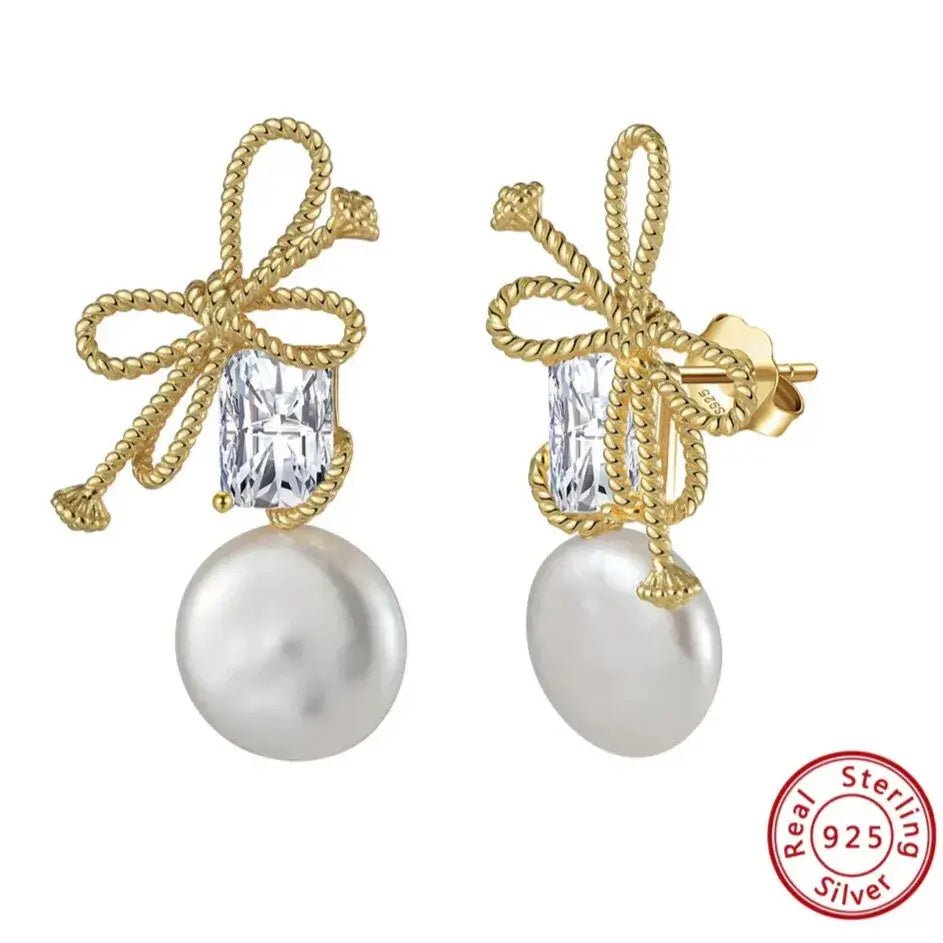 sterling gold baroque pearl earrings with bow knot design elegant timeless jewellery