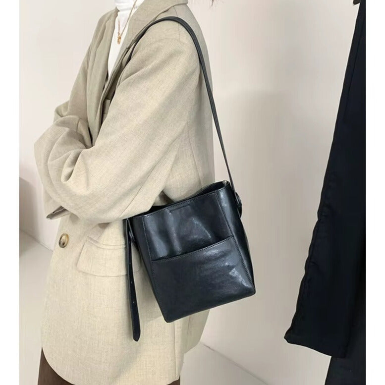 elegantia alira black soft leather bucket crossbody bag for women