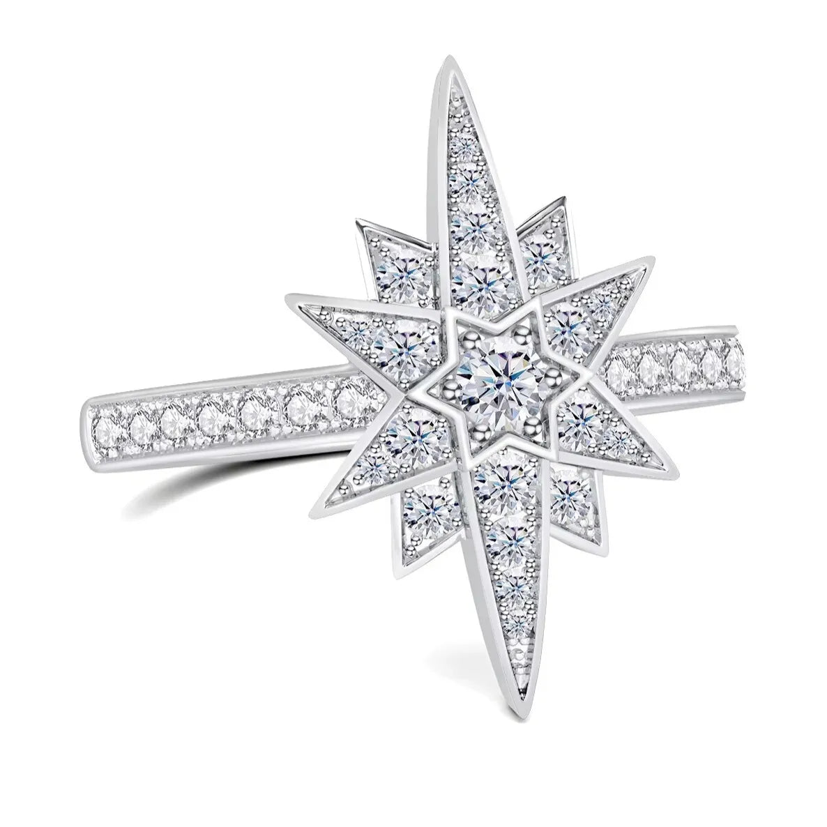 close up of rhodium finished star moissanite ring