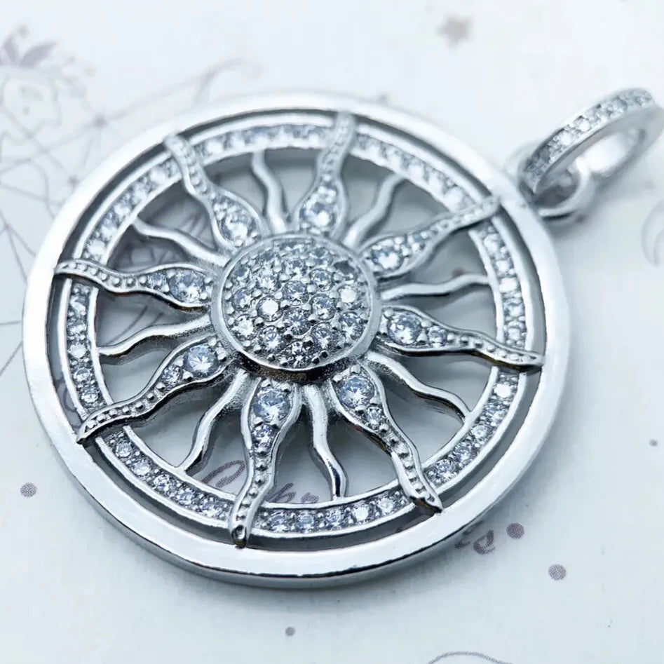 rhodium plated silver sun pendant detailed engraving