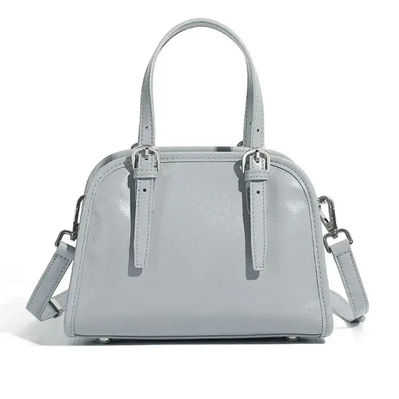 minimalist leather crossbody bag baby blue front view