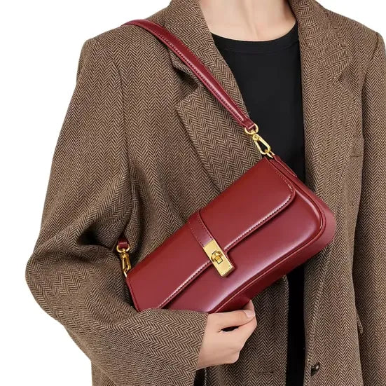 womens genuine wine red leather shoulder bag