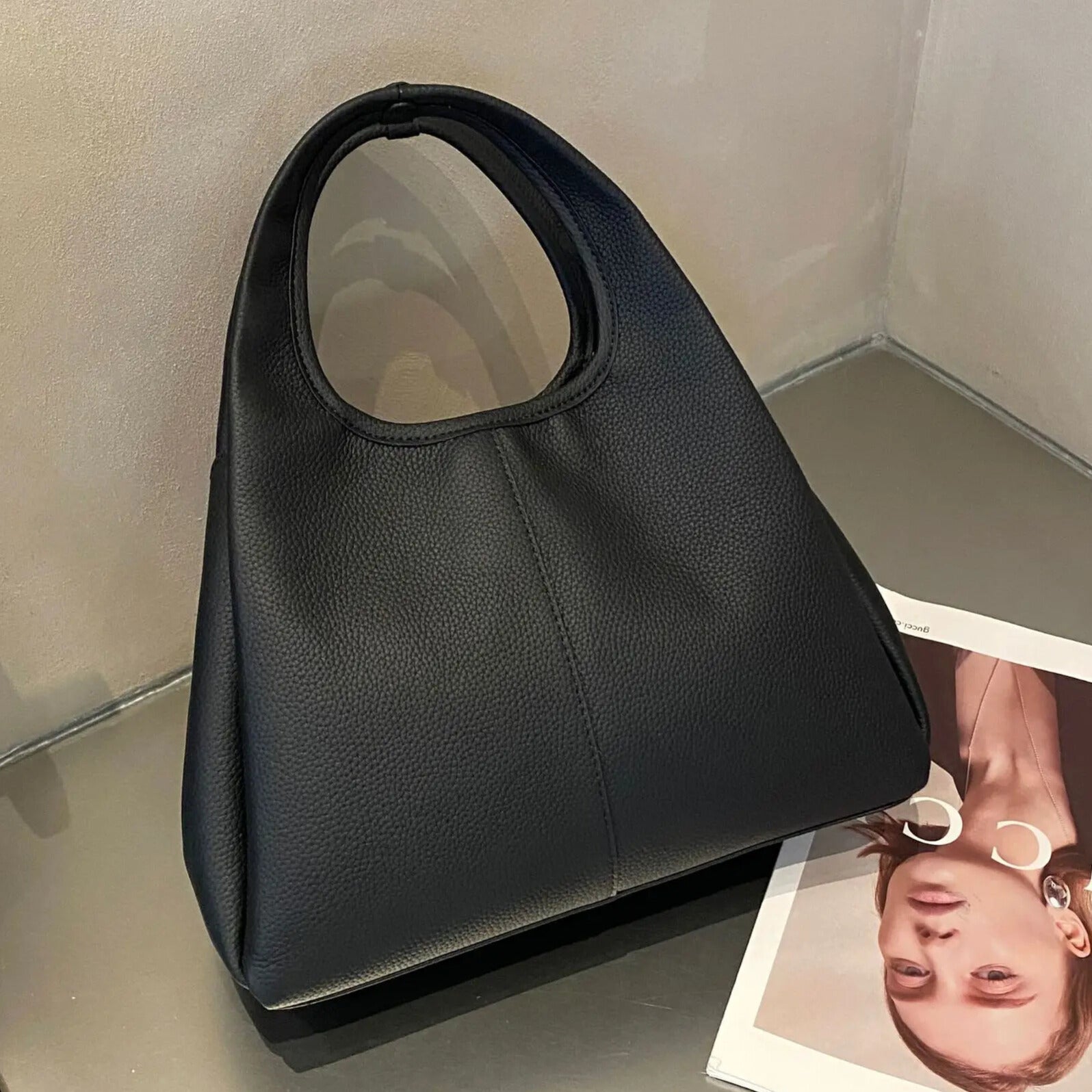 Vintage bucket style leather tote bag black