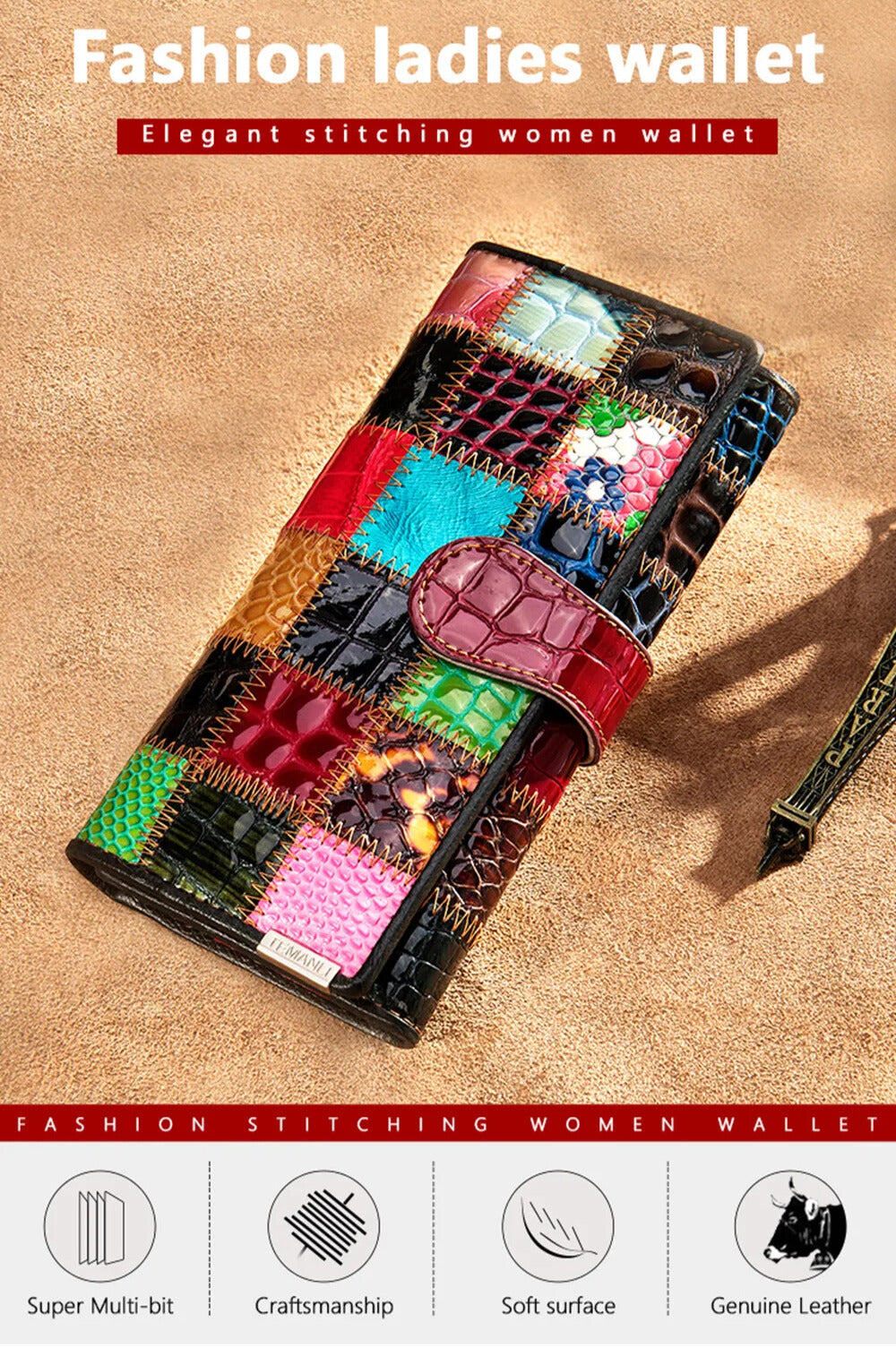 Designer-inspired patchwork leather wallet for ladies