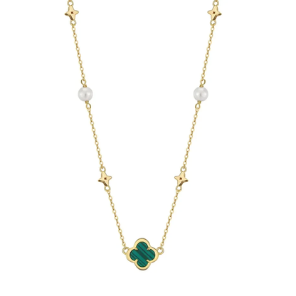 Four-leaf clover pendant necklace in 925 sterling silver with malachite on gold link chain 