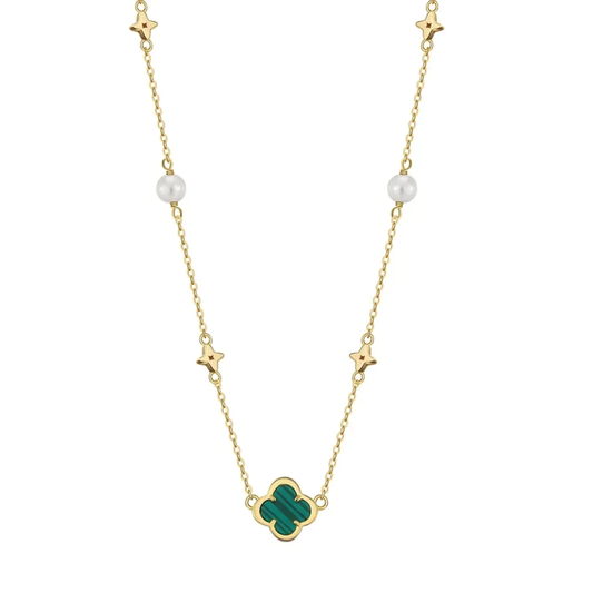 Four-leaf clover pendant necklace in 925 sterling silver with malachite on gold link chain 