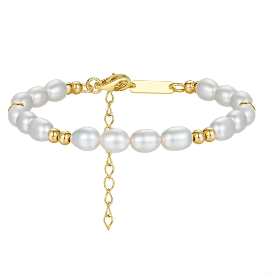 Freshwater pearl and gold beads bracelet in 925 sterling silver