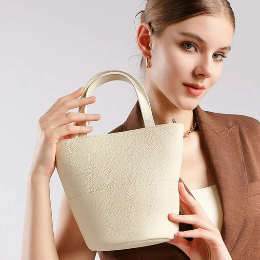 Belmont Bucket Bag — front view in genuine leather