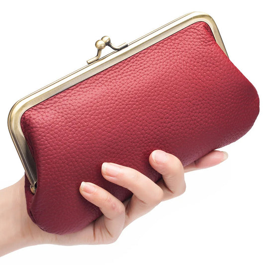 wine red genuine leather long wallet with kiss lock clasp