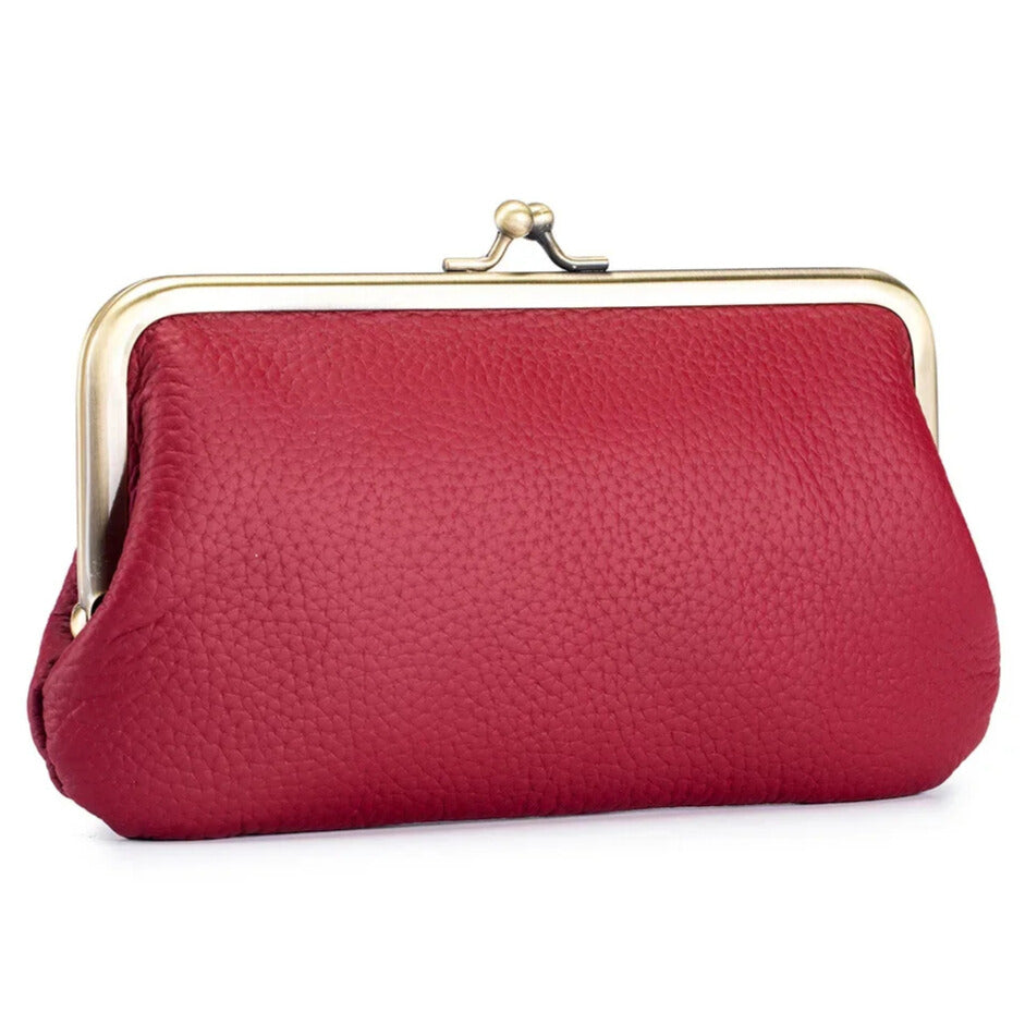 Soft red leather wallet with kiss lock clasp