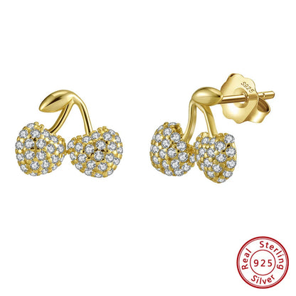 14k gold plated cherry stud earring with 5a cubic zirconia sparkle