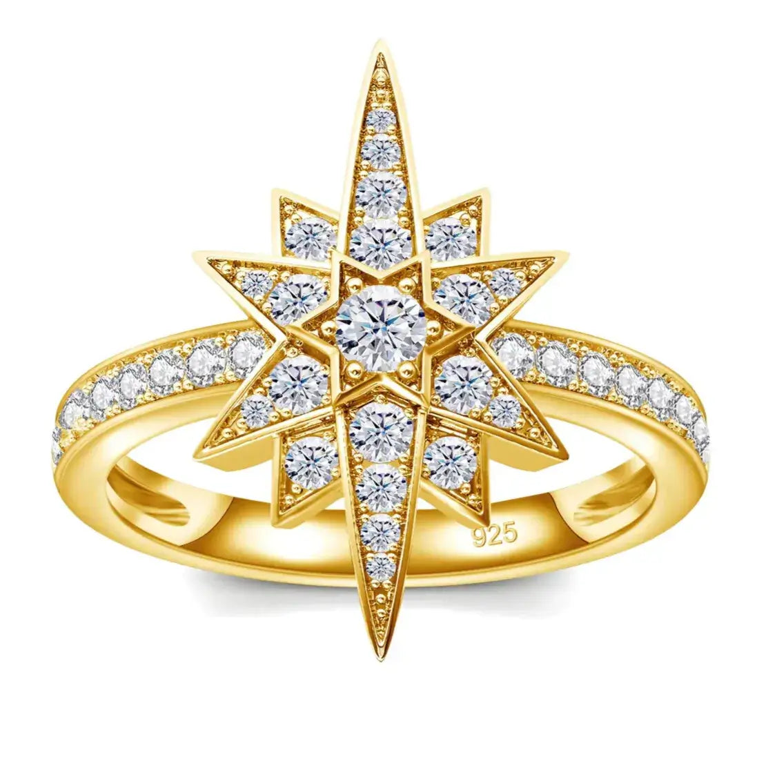 elegantia gold plated star ring with moissanite centre