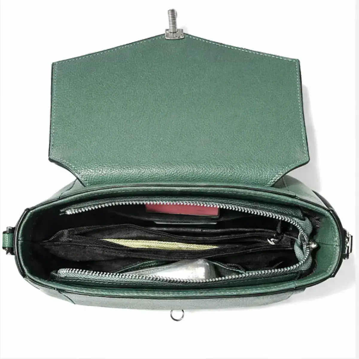 interior view of green genuine leather satchel with compartments