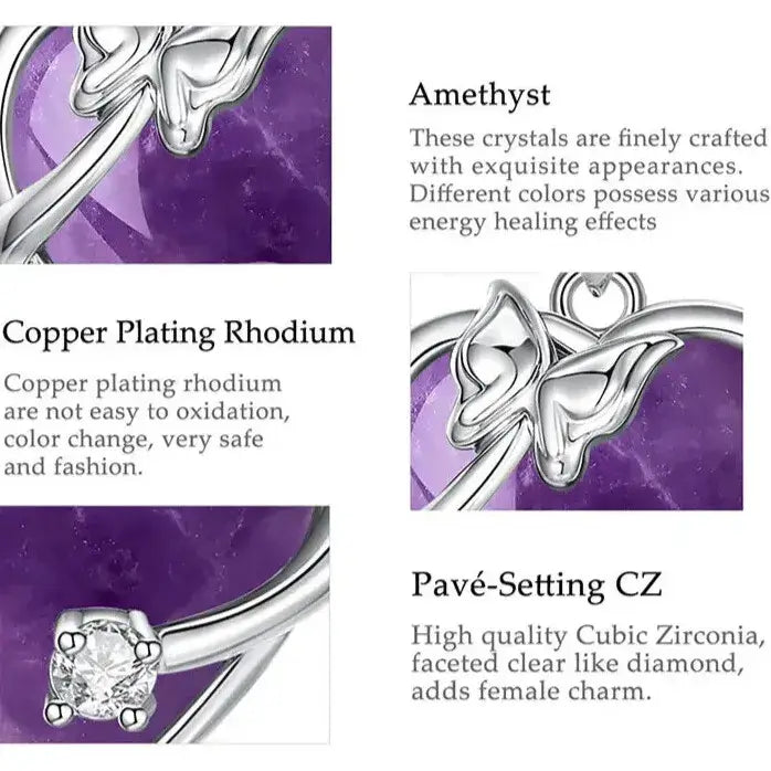 amethyst heart pendant on platinum rhodium plated chain detail