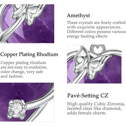 amethyst heart pendant on platinum rhodium plated chain detail