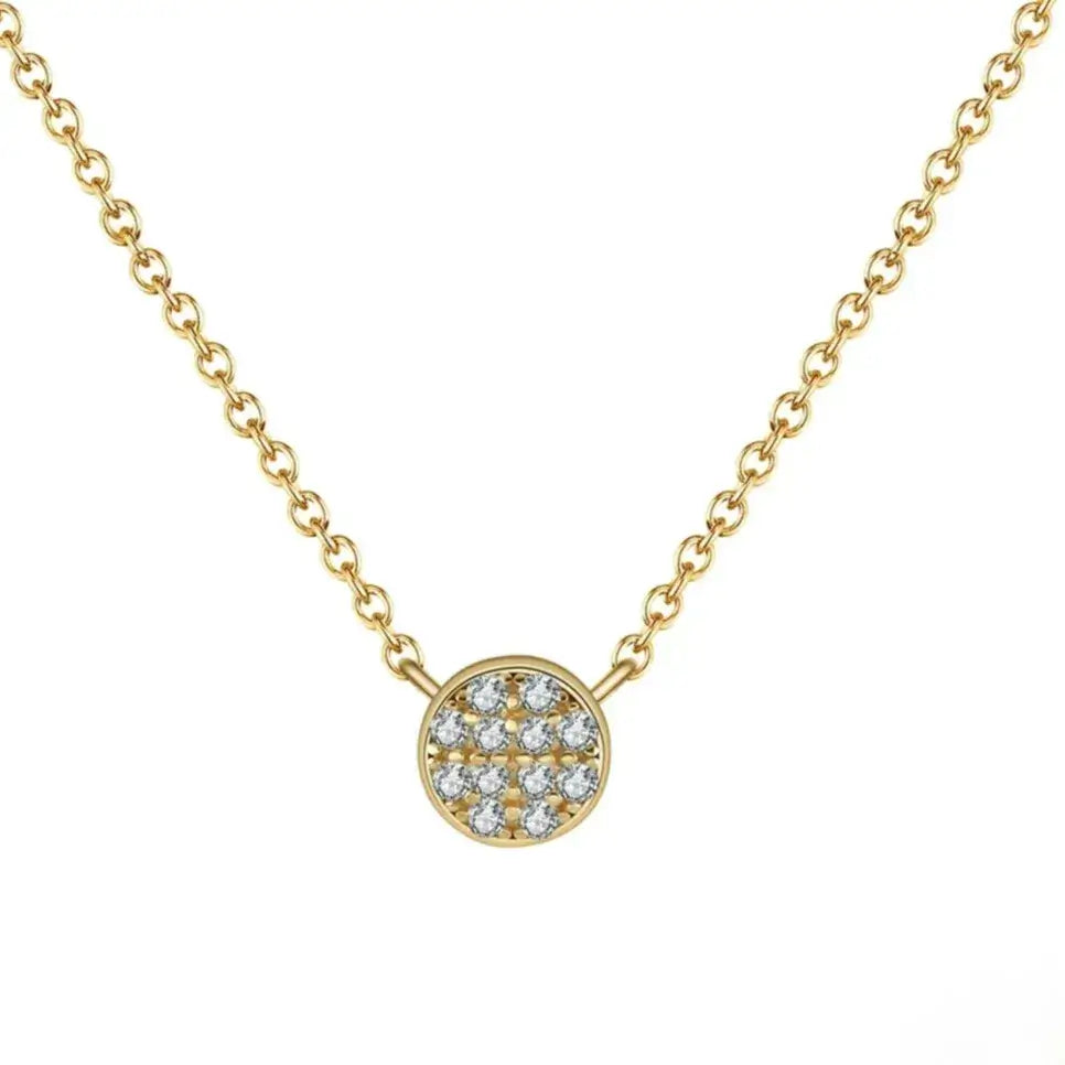gold-tone round CZ pendant necklace on white background