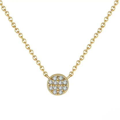 gold-tone round CZ pendant necklace on white background