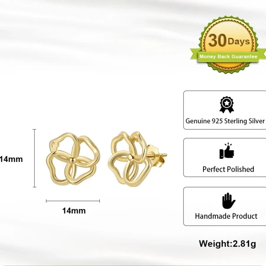 gold flower stud earrings reflective shine detail